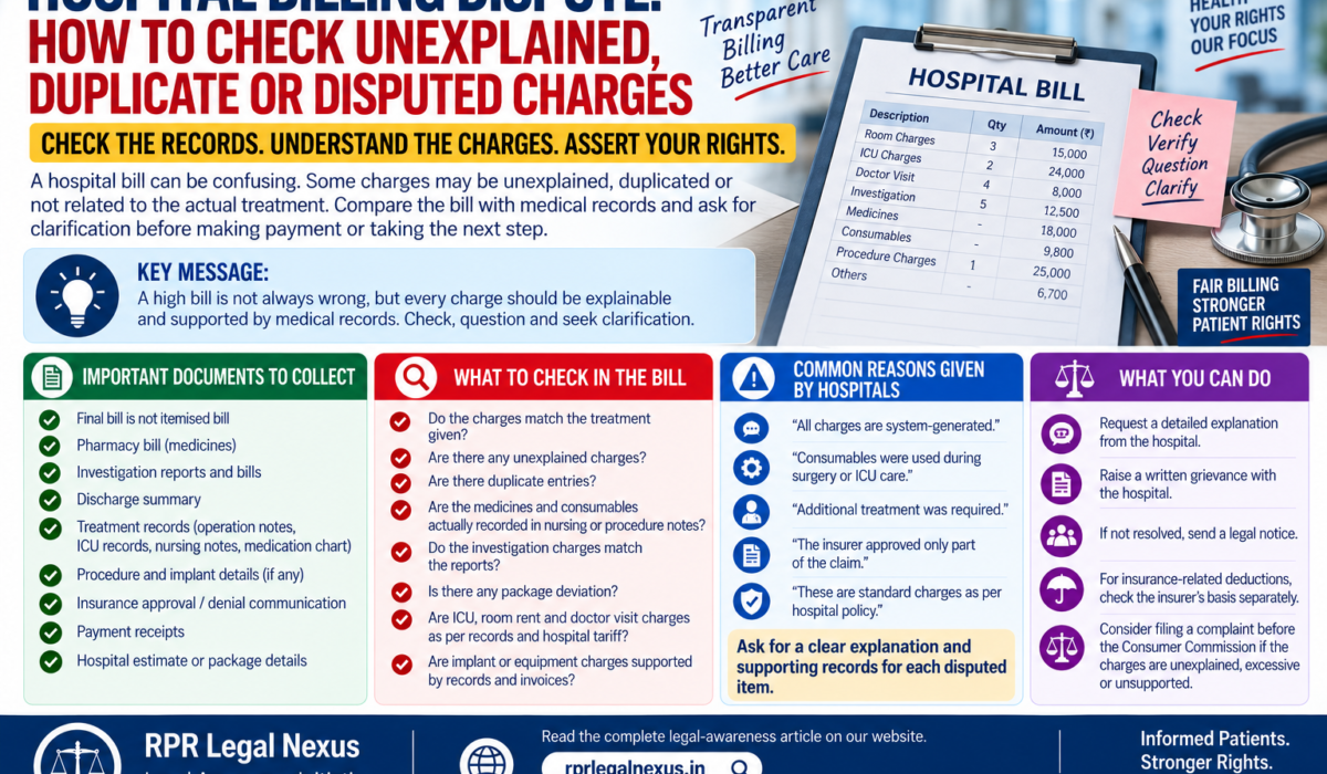 Patient family reviewing hospital itemised bill, payment receipts and medical records for disputed charges